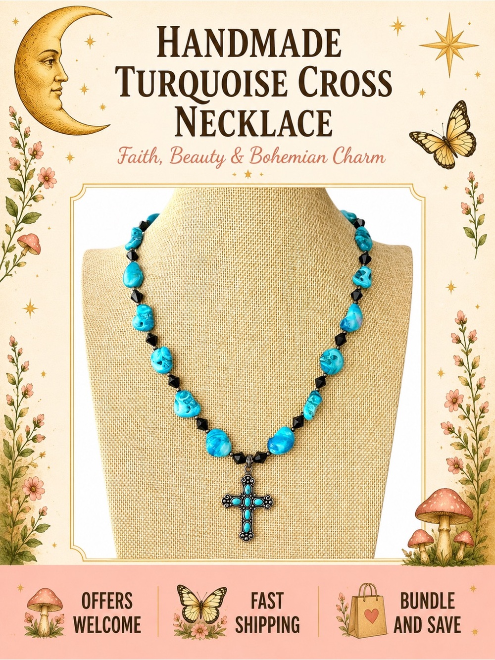 Handmade Turquoise Cross Necklace Boho Western Spiritual Jewelry 22”